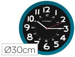 Reloj de pared Q-Connect marco azul esfera negra 30 cm.